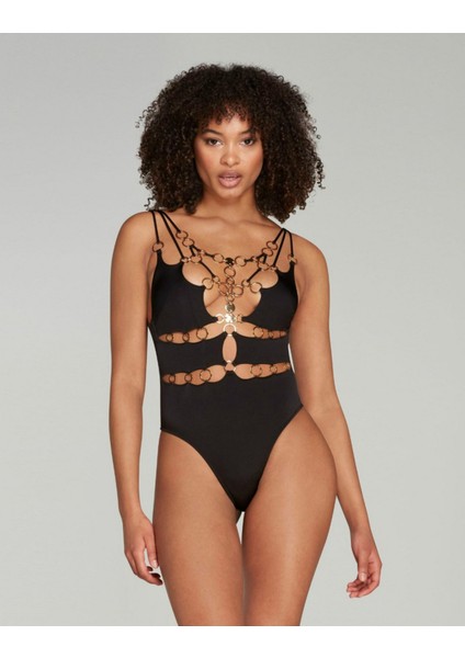 Davine Siyah Yüksek Bel Mayo - Italyan Esnek Kumaş & Altın Detaylı, Ayarlanabilir Askılı fiyatları