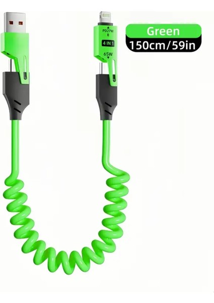 65W Çoklu 4in1 USB Type-C ve Lightning Spiral Şarj ve Data Kablosu 1.5m