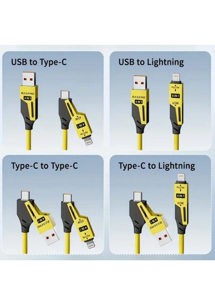 65W Çoklu 4in1 USB Type-C ve Lightning Spiral Şarj ve Data Kablosu 1.5m modelleri