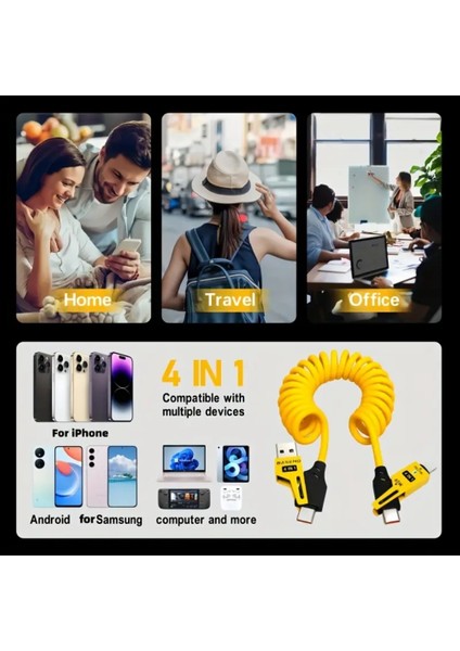 65W Çoklu 4in1 USB Type-C ve Lightning Spiral Şarj ve Data Kablosu 1.5m indirimleri