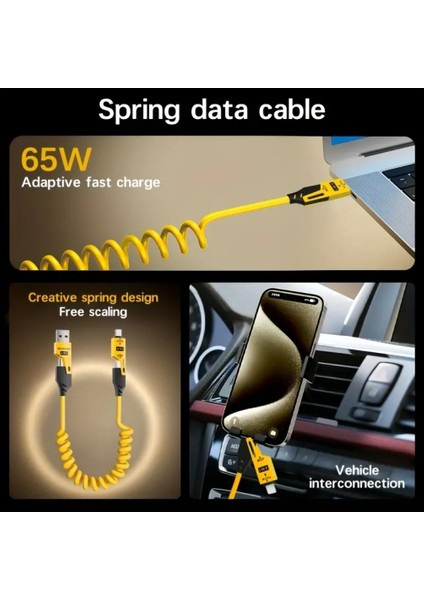 65W Çoklu 4in1 USB Type-C ve Lightning Spiral Şarj ve Data Kablosu 1.5m