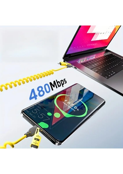 65W Çoklu 4in1 USB Type-C ve Lightning Spiral Şarj ve Data Kablosu 1.5m