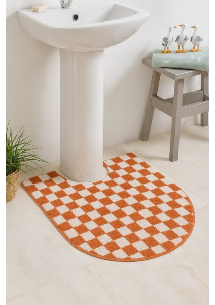 Dama Desenli Kaymaz Taban Yıkanabilir 80X50 cm Tekli Oval Banyo Lavabo Paspası Chess