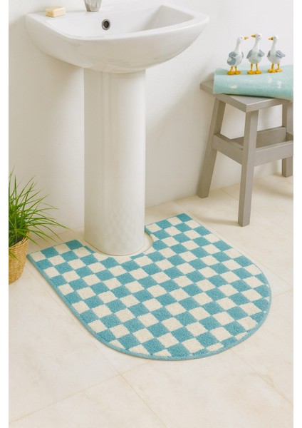 Dama Desenli Kaymaz Taban Yıkanabilir 80X50 cm Tekli Oval Banyo Lavabo Paspası Chess
