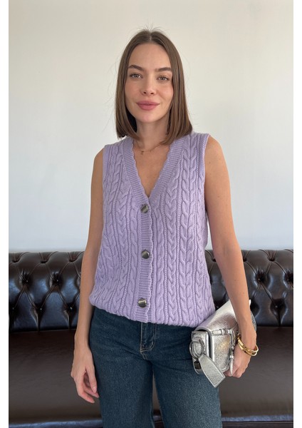 Saç Örgülü Premium Triko Yelek- Lila