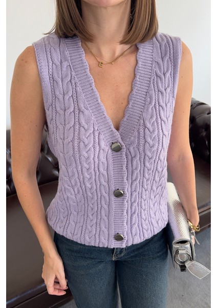 Saç Örgülü Premium Triko Yelek- Lila modelleri