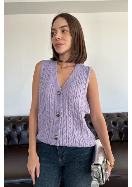 Saç Örgülü Premium Triko Yelek- Lila fırsatları