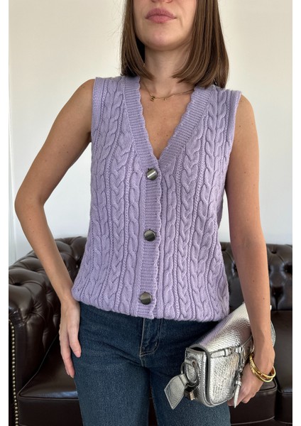 Saç Örgülü Premium Triko Yelek- Lila indirimleri