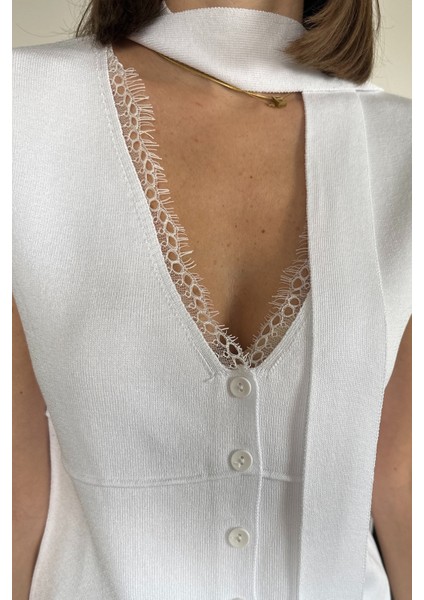 Dantelli Premium Bağlamalı Yelek- Ekru modelleri
