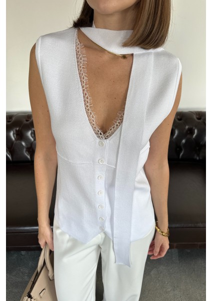 Dantelli Premium Bağlamalı Yelek- Ekru fırsatları
