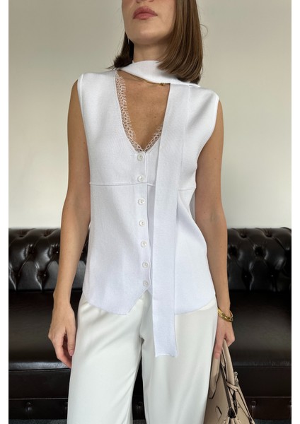 Dantelli Premium Bağlamalı Yelek- Ekru indirimleri