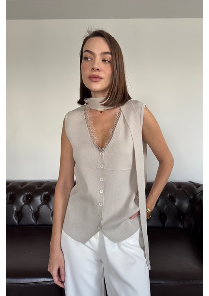 Dantelli Premium Bağlamalı Yelek- Taş