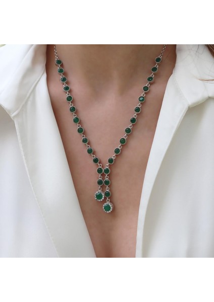 Kök Zümrüt Taşlı Otantik Gümüş Kolye