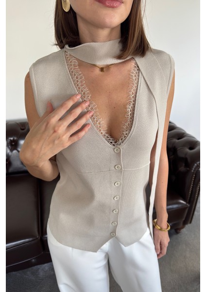 Dantelli Premium Bağlamalı Yelek- Taş fırsatları