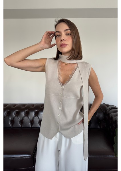 Dantelli Premium Bağlamalı Yelek- Taş indirimleri