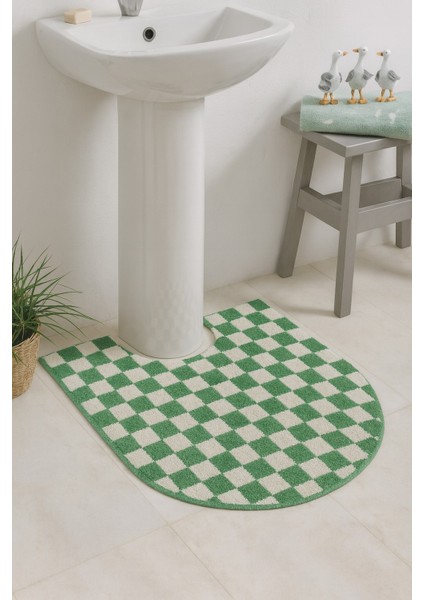 Dama Desenli Kaymaz Taban Yıkanabilir 80X50 cm Tekli Oval Banyo Lavabo Paspası Chess