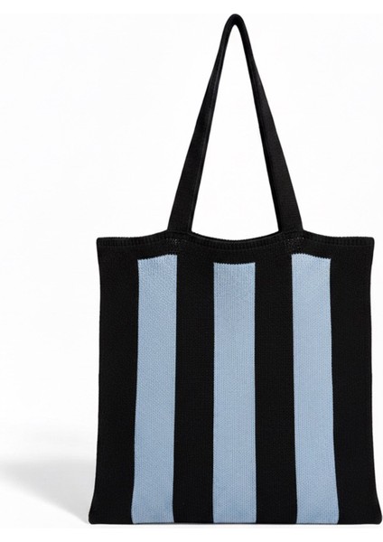 Kadın Mavi Stripes Örgü Tote Omuz Çantası modelleri
