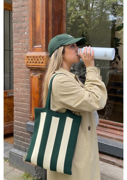 Kadın Yeşil Stripes Örgü Tote Omuz Çantası