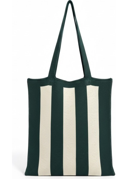 Kadın Yeşil Stripes Örgü Tote Omuz Çantası fiyatları