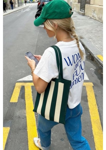 Kadın Yeşil Stripes Örgü Tote Omuz Çantası modelleri