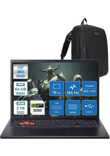 Nitro Lite Intel Core I5 13420H 64GB Ddr5 2tb SSD 6GB/RTX3050/45W 16" Wuxga IPS 165Hz Freedos Taşınabilir Bilgisayar NHDAAEY001F23 + Zettaçanta