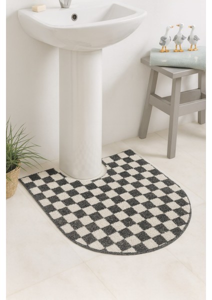 Dama Desenli Kaymaz Taban Yıkanabilir 80X50 cm Tekli Oval Banyo Lavabo Paspası Chess