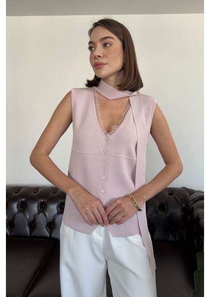 Dantelli Premium Bağlamalı Yelek- Pudra