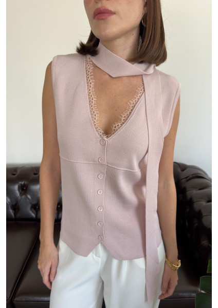 Dantelli Premium Bağlamalı Yelek- Pudra fiyatları