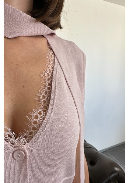 Dantelli Premium Bağlamalı Yelek- Pudra modelleri