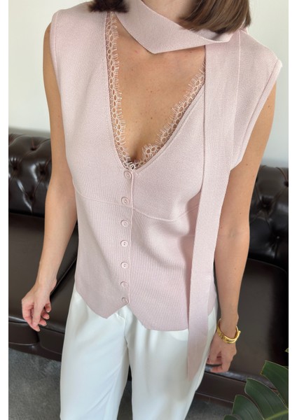 Dantelli Premium Bağlamalı Yelek- Pudra fırsatları