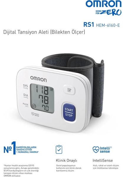 Gelişmiş Intellisense Özelliği ve 3 Yıl Garantili ,RS1INTELLISENSE Bilekten Dijital Tansiyon Aleti, HEM-6160-E