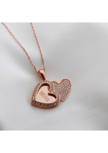Kişiye Özel Kalp Zirkon Taşlı Rose Gold Kaplama Isim Yazılabilir Kolye