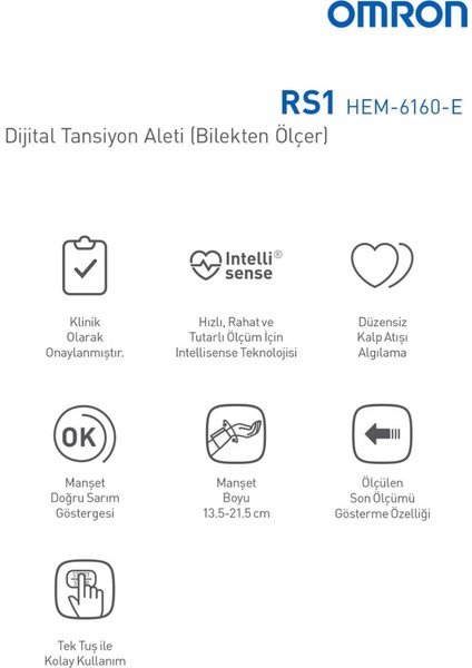 Gelişmiş Intellisense Özelliği ve 3 Yıl Garantili ,RS1INTELLISENSE Bilekten Dijital Tansiyon Aleti, HEM-6160-E