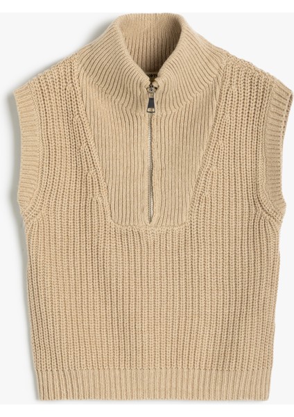 Örgü Süveter Yarım Fermuarlı Dik Yaka Ribanalı