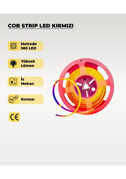 12V Cob Şerit LED Kırmızı Işık - Metrede 360 LED - 5 Metre