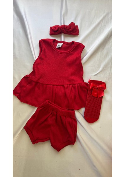 Kırmızı Ribana Çocuk Şort Bluz Bandana File Çorap Set - Hediyelik