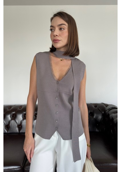 Dantelli Premium Bağlamalı Yelek- Gri