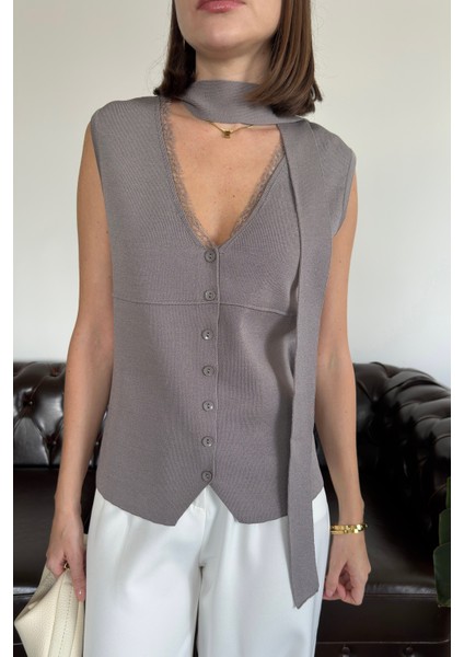 Dantelli Premium Bağlamalı Yelek- Gri fiyatları