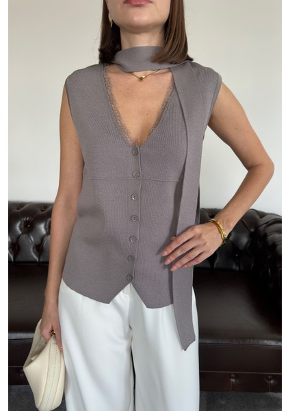 Dantelli Premium Bağlamalı Yelek- Gri fırsatları