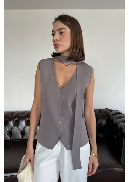 Dantelli Premium Bağlamalı Yelek- Gri indirimleri