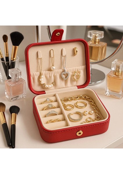 Deri Mini Baklava Desenli Seyahat Takı Bijuteri Mücevher Kutusu Organizer Düzenleyici 11,5cm Kırmızı Ithal Ürün