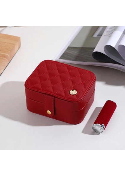 Deri Mini Baklava Desenli Seyahat Takı Bijuteri Mücevher Kutusu Organizer Düzenleyici 11,5cm Kırmızı Ithal Ürün fırsatları