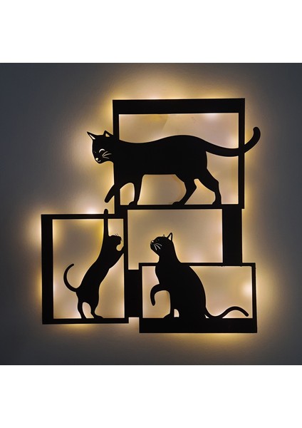 LED Işıklı Çerçeveli Kediler Dekoratif Tablo Balkon Duvar Dekorlu Gece Lambası