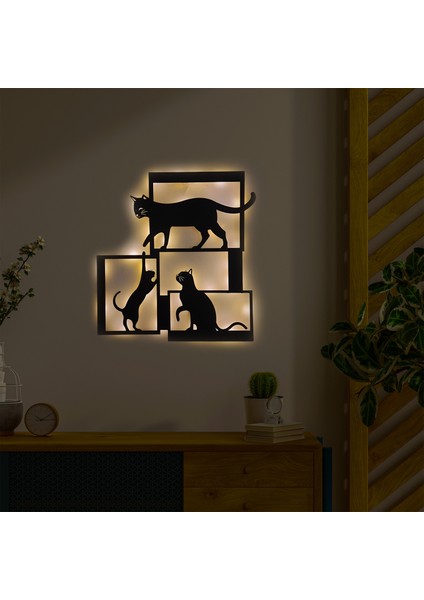 LED Işıklı Çerçeveli Kediler Dekoratif Tablo Balkon Duvar Dekorlu Gece Lambası modelleri