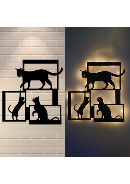 LED Işıklı Çerçeveli Kediler Dekoratif Tablo Balkon Duvar Dekorlu Gece Lambası indirimleri