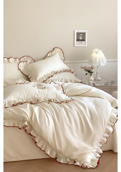 Pure %100 Pamuk Çift Kişilik Set Kırmızı Overlok Süs Dikişli Ekru fiyatları