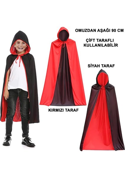 Çift Taraflı Kullanılabilir Siyah Kırmızı Yakalı Pelerin 90 cm Çocuk