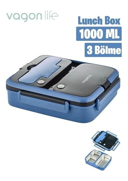 BL10164 1000ML Mavi 3 Bölmeli Çelik Saklama Kabı