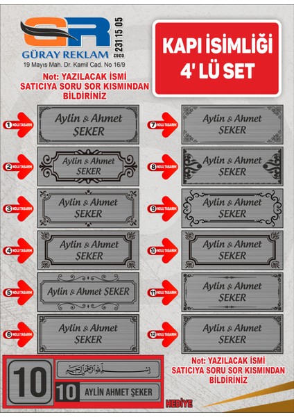 Kapı İsimlik 4'lü Set Kapı İsimlik