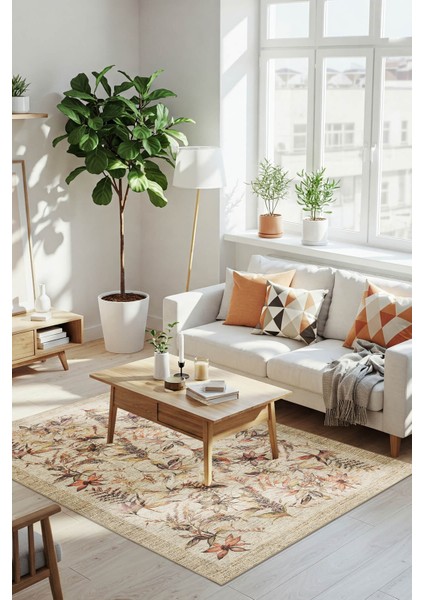 Florart Bej / Mor Vintage Dokulu Çiçek Desenli Dokuma Tabanlı Şönil Halı Al 469